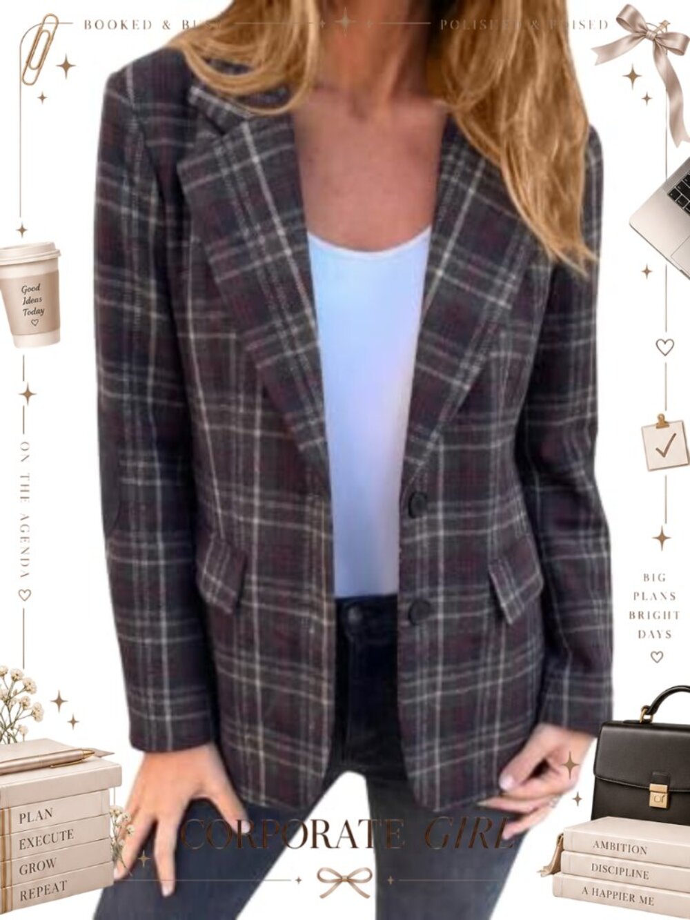 Women's Tweed Blazer Houndstooth Plaid Business Casual Work Jacket
